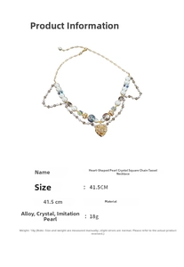 Detailed view of heart pearl crystal tassel necklace with lobster clasp and alloy chain