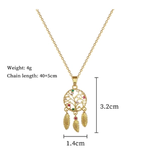 Detailed size specifications for gold dreamcatcher necklace with colorful crystals