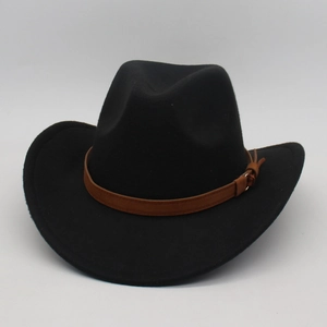 Classic black wool felt cowboy hat with wide brim and brown faux leather band detail