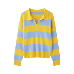 Striped Polo collar knit sweater in yellow and light blue for spring and autumn