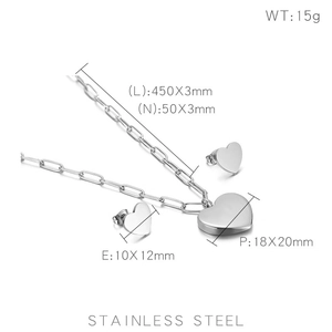 Dimensions détaillées de la parure cœur en acier inoxydable avec collier et boucles d'oreilles