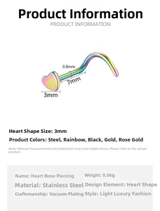 Detailed size specifications for heart nose studs with 0.8mm gauge and 3mm heart charm