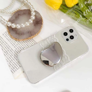 Silver mirror heart phone grip on clear glitter case with floral lace and pearl accents