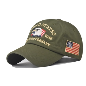 Detailed embroidery of US eagle and 250th anniversary logo on army green cotton cap