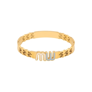 Vintage golden stainless steel bangle with white blue enamel mw lettering on white background
