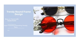 Detail of retro steampunk round sunglasses with metallic frames and vibrant red lenses