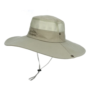 Detail of outdoor sun hat featuring breathable mesh vents and adjustable wind rope