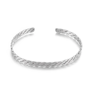 Bracelet jonc ouvert en acier inoxydable argenté avec design torsadé pour femme