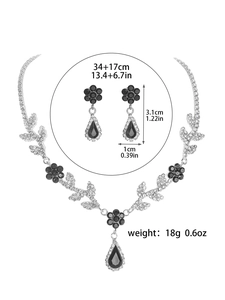 Detailed dimensions of silver luxury floral necklace and black gemstone earring set