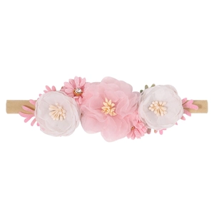 Elastic nylon baby headband featuring soft pink and white fabric flowers and rhinestones
