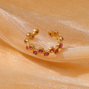 Minimalist 18k gold plated stainless steel open ring with pink round zircon stones