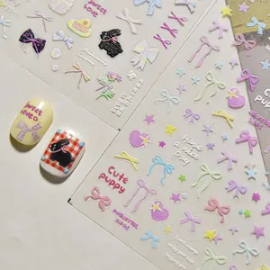 3D embossed nail art stickers with colorful bows, rabbits and hearts for sweet manicures