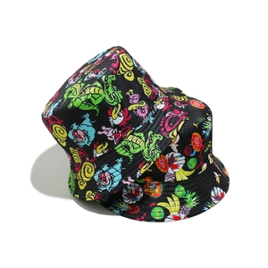 Colorful cartoon dinosaur print black bucket hat for men and women with street style