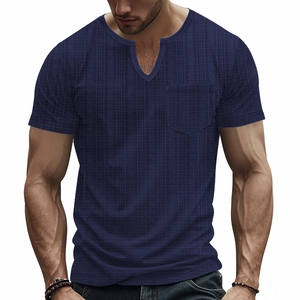 Men's navy blue V-neck t-shirt with waffle texture and chest pocket in a casual fit