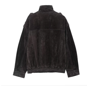 Detail view of the charcoal faux suede jacket back showing classic silhouette and elastic hem