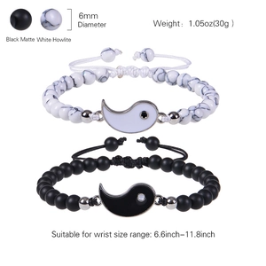 Adjustable Yin Yang beaded bracelets set with matte black stones and white turquoise beads