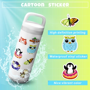 Close-up of waterproof vinyl cartoon animal stickers applied on a white water bottle
