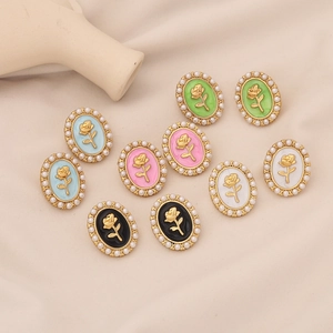 French Vintage Rose Flower Stud Earrings Stainless Steel With Imitation Artificial Pearl Enamel Oval Elegant Jewelry For Women
