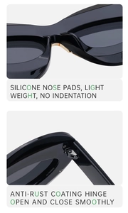 Detail view of comfortable silicone nose pads and durable metal hinges on cat eye sunglasses