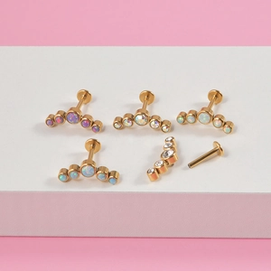 16G gold plated stainless steel labret stud set with curved opal and zircon stones