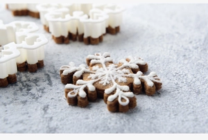 Macro shot of snowflake gingerbread cookie with white icing and plastic cookie cutter