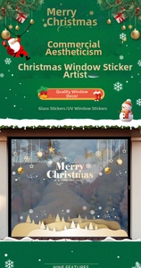 Detail of UV printed Christmas snowflake window decals with gold Merry Christmas lettering