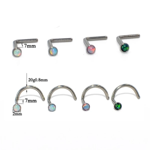 G23 titanium nose studs with opal and CZ gems in L-shape and S-shape, 20G 7mm size