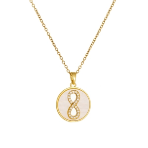 Gold stainless steel necklace featuring a diamond-studded number 8 shell pendant