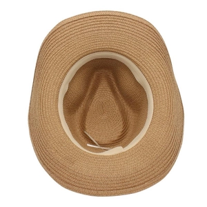 Detailed interior of a woven straw cowboy hat showing the sweatband and adjustment strings