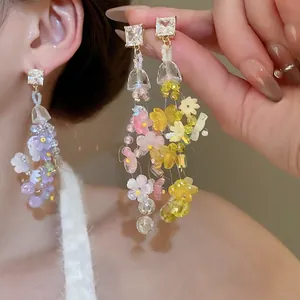 Long Tassel Flower Drop Earrings With 925 Sterling Silver Earring Post Resin Petals Zircon Beads Sweet Resort Style For Women