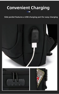 Detail of USB port, security combination lock, and side pocket on black crossbody bag