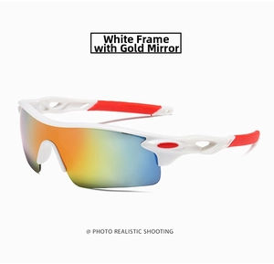 Close-up of white cycling sunglasses with polarized gold mirror lens and red rubber tips