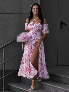 Floral Maxi Dress Off Shoulder Puff Sleeve Halter Neck High Slit Summer Holiday Vacation Slim Fit Polyester