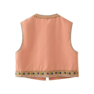 Ethnic style embroidered vest for women in peach orange with geometric pattern and stripes