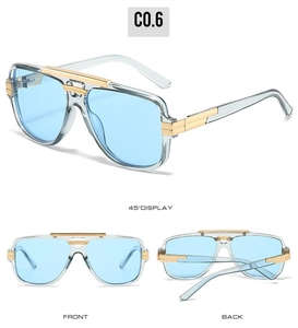 Detailed multi-angle view of square frame sunglasses with light blue lenses and gold metal