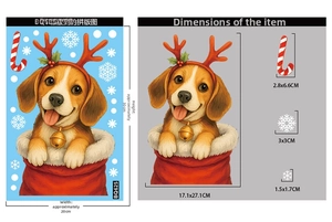 Detailed size breakdown of Christmas beagle puppy and candy cane window decals
