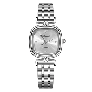 Elegant silver square quartz watch with minimalist metal link strap on white background