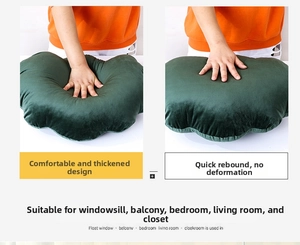 Macro view of dark green velvet shell pillow showing thick padding and fast rebound feature