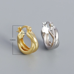 S925 sterling silver crossover earrings in gold and silver finish, 13.9mm outer diameter