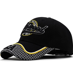 Close-up of 3D embroidered Hollywood text and NY logo on a black flat brim baseball cap