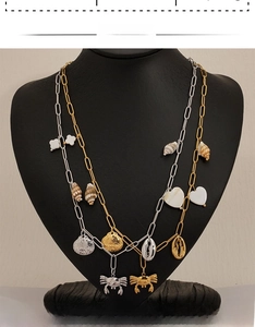 Detail showing paperclip link necklaces with crab charms and shells on neck model