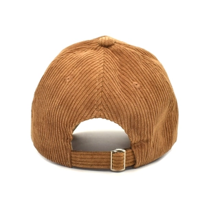 Detailed back view of brown corduroy baseball cap showing adjustable metal buckle strap