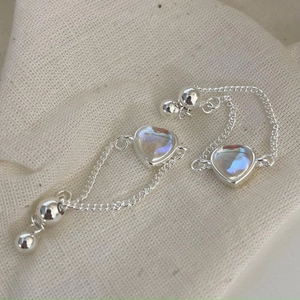 925 Sterling Silver Heart Ring with Blue Crystal and Adjustable Chain Link for Women