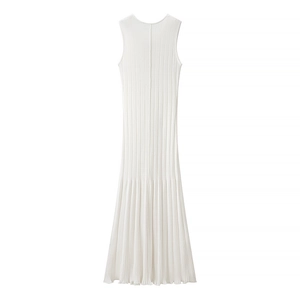 Close-up of white ribbed knit fabric texture on a sleeveless slim fit maxi dress