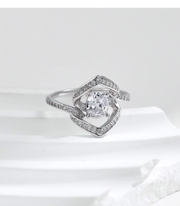 Macro shot of s925 silver ring with geometric lines and brilliant cubic zirconia detail