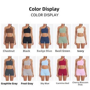 Grid display showing 10 vibrant colors of the one-shoulder yoga bra and shorts set