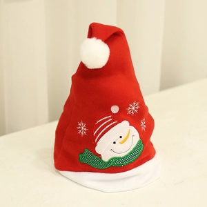 Cappello di Babbo Natale in peluche rosso con ricamo a pupazzo di neve e pompon bianco