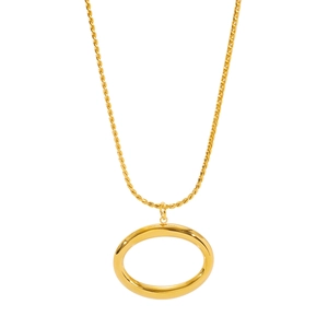 Detail of a minimalist gold-plated stainless steel oval pendant with a fine twist chain