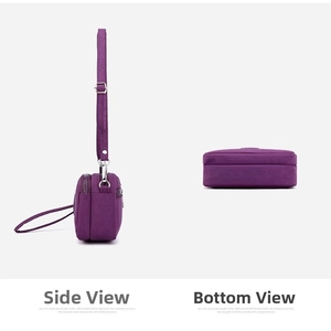 Detailed side and bottom view of purple nylon crossbody bag with dual zipper layers