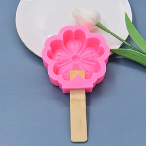 Pink sakura flower silicone ice cream mold with wooden stick for DIY homemade desserts